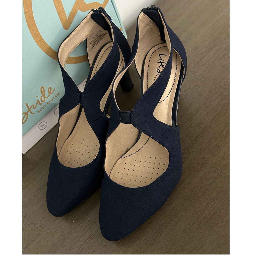 Lifestride Giovanna 2 Pump Heel Sandals Navy Blue 8.5 Wide EUC