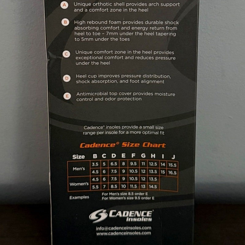 Cadence Original Orange Insoles Size C Men 5‑6 Women 6‑7 | Orthotic Support NIB
