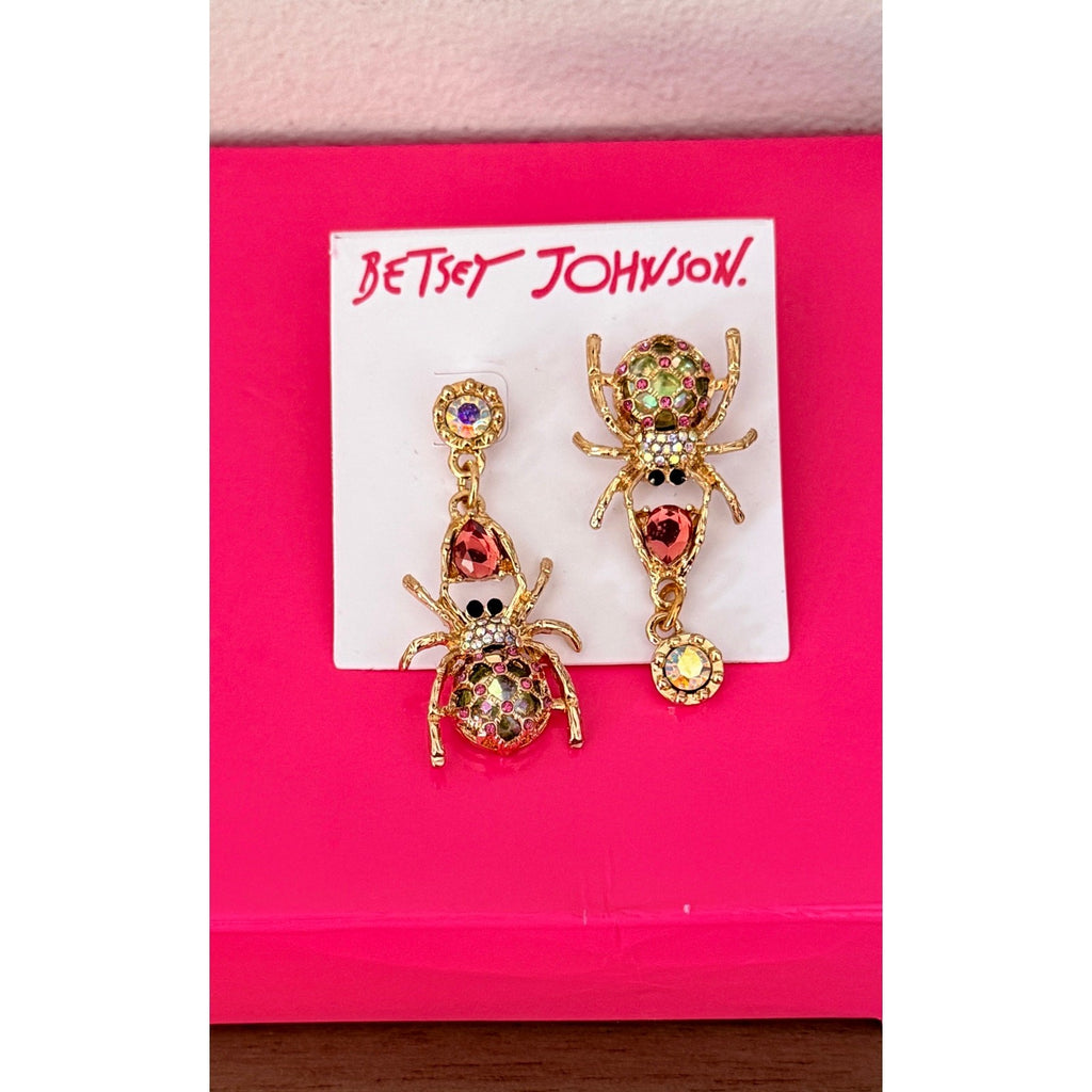 Betsey Johnson Spider Crystal Dangle Earrings Gothic Rhinestone Jewelry