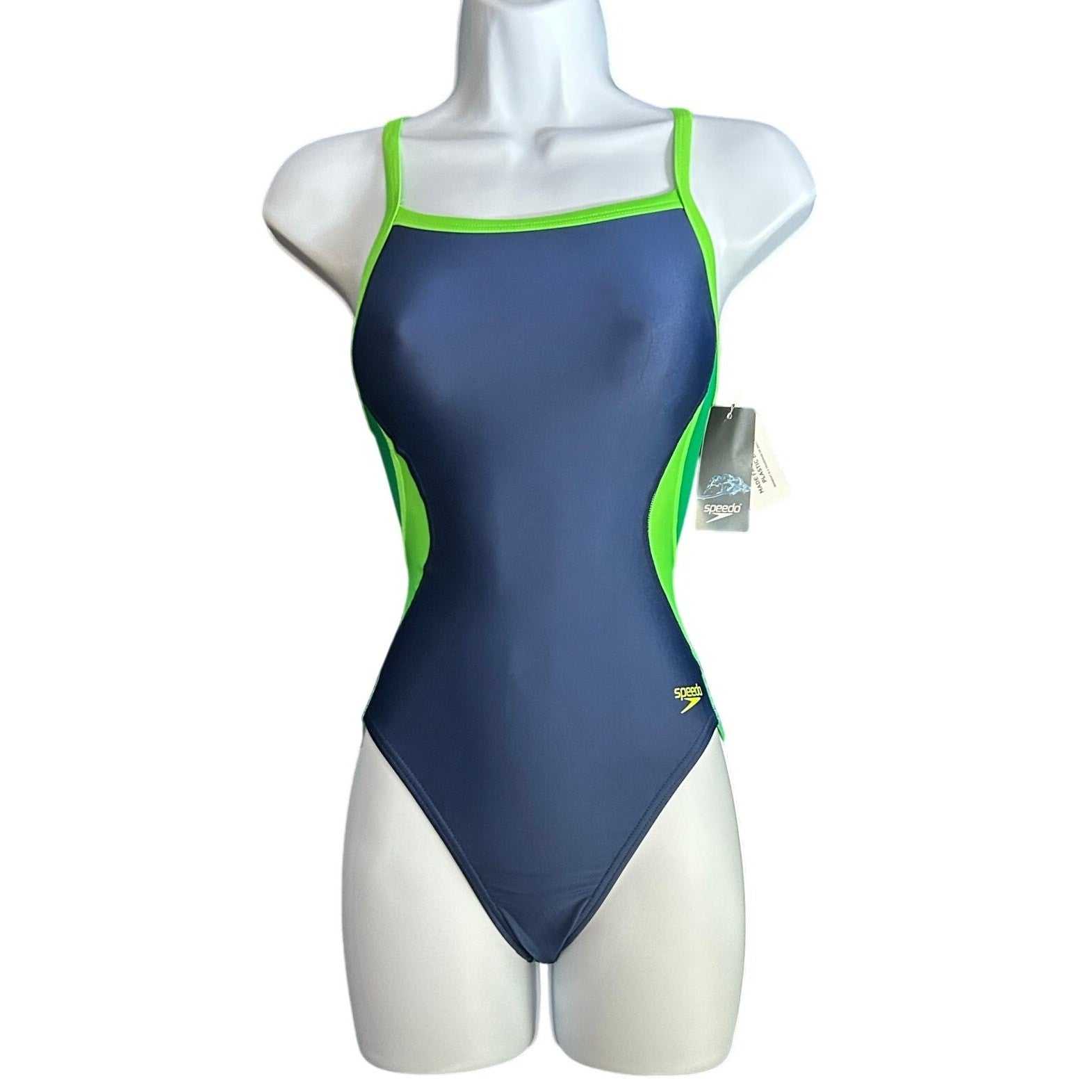 Speedo Eco Splice Flyback Swimsuit ProLT SwimTeam Competition Navy/Green Sz 28
