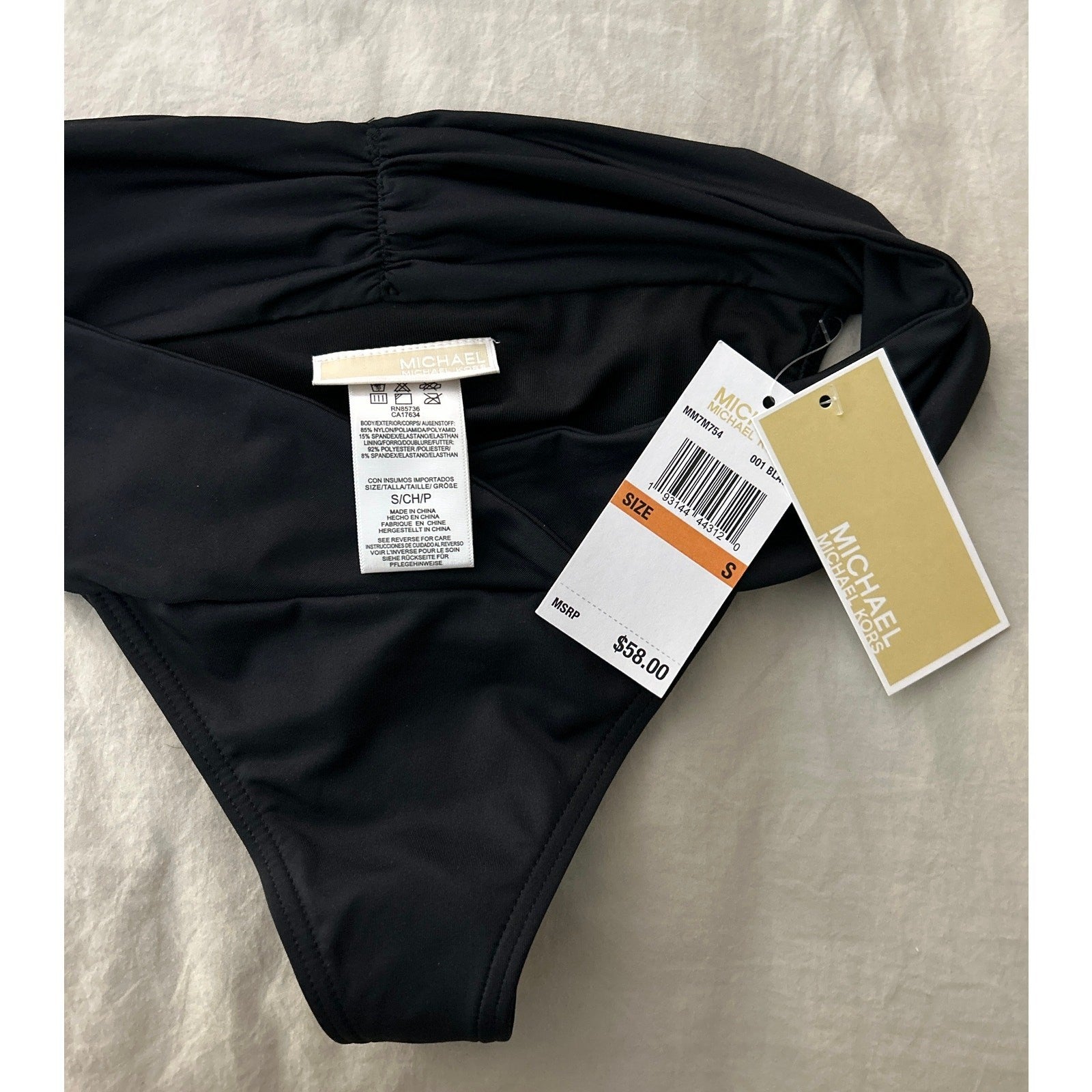 Michael Kors Euro Gathered Bikini Bottom Solid Black – Ruched Waist, Size M