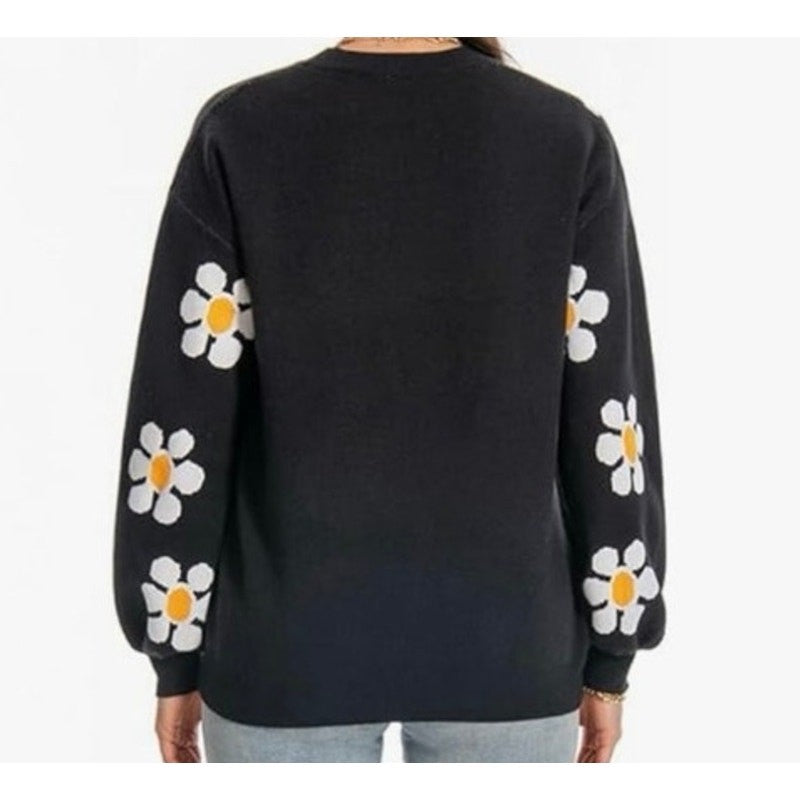 Black Floral Knit Sweater – Size Medium Long Sleeve Crochet Pullover New