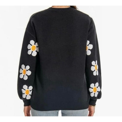 Black Floral Knit Sweater – Size Medium Long Sleeve Crochet Pullover New