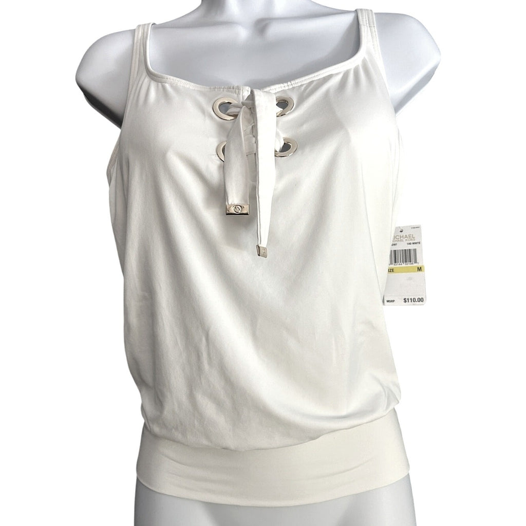 NEW Michael Kors Tankini Swim Top – Size M, White, Tie Front Gold Grommet Detail