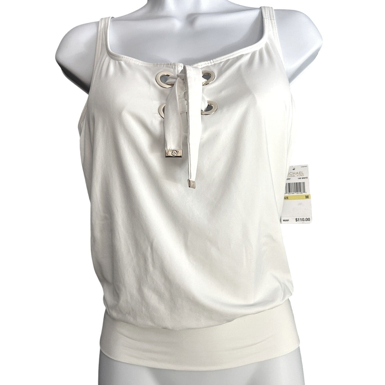 NEW Michael Kors Tankini Swim Top – Size M, White, Tie Front Gold Grommet Detail