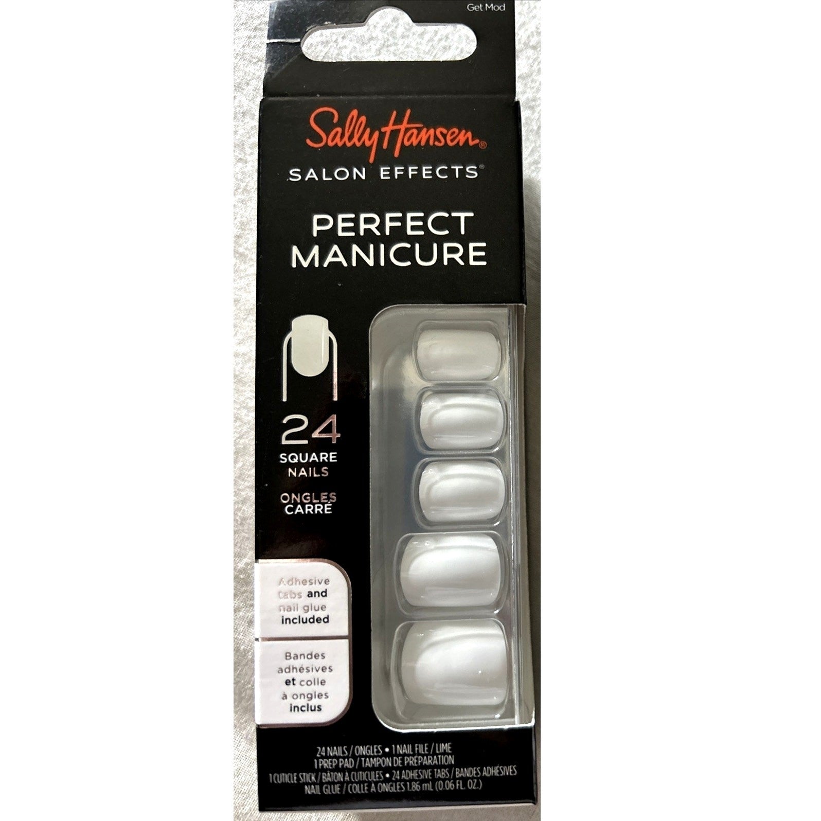 Sally Hansen White Press On Nail ONE PACK of Square Shape w/ Tube Glue, 24 nails