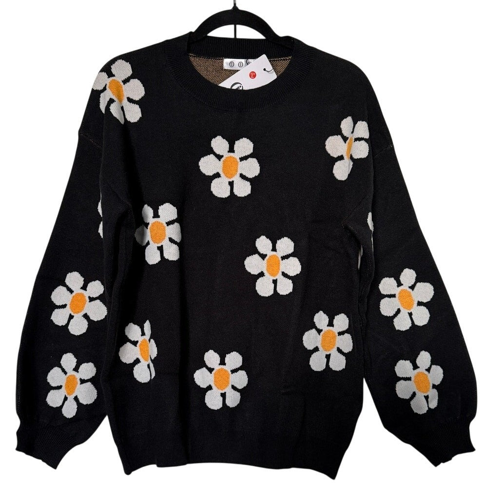 Black Floral Knit Sweater – Size Medium Long Sleeve Crochet Pullover New