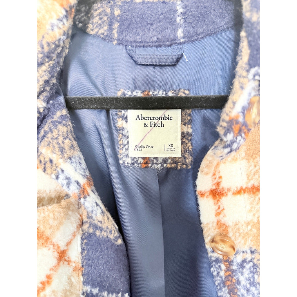 Abercrombie & Fitch XS Plaid Wool-Blend Jacket Blue Tan Checkered Shacket Lined