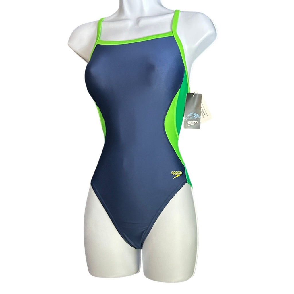 Speedo Eco Splice Flyback Swimsuit ProLT SwimTeam Competition Navy/Green Sz 28