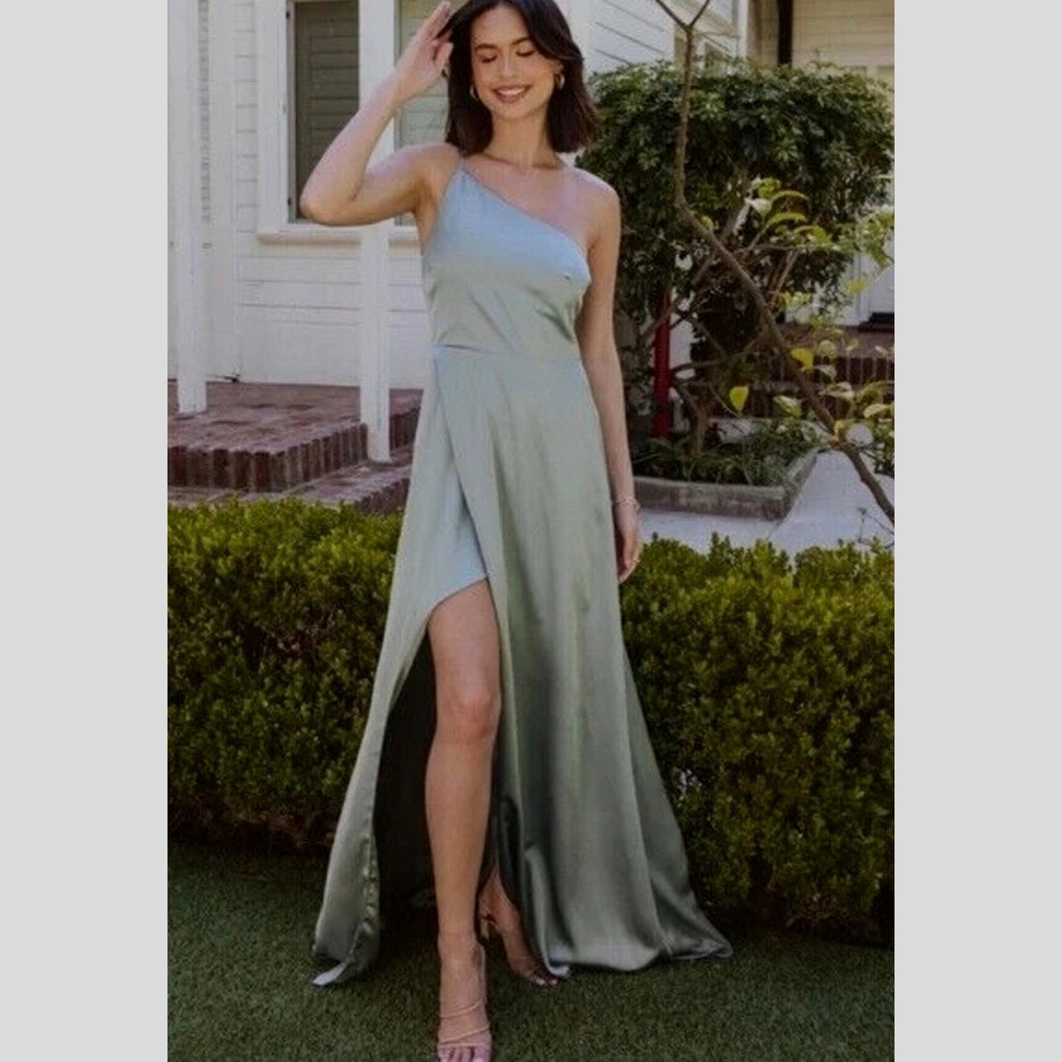 Show Me Your Mumu Shannon One Shoulder Luxe Satin Dress Silver Sage Sz Small NWT