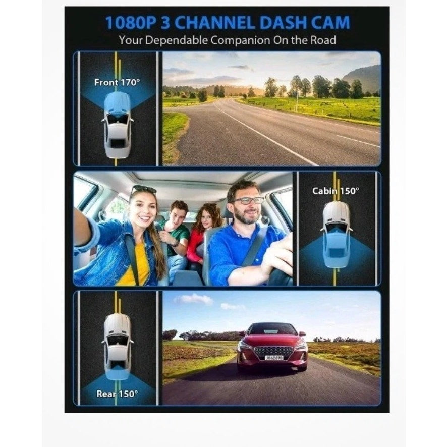 Aldf Dash Cam 3 Channel Dash Cam, 4K+1080P Cam Front Rear & Inside 32gb Card HDR