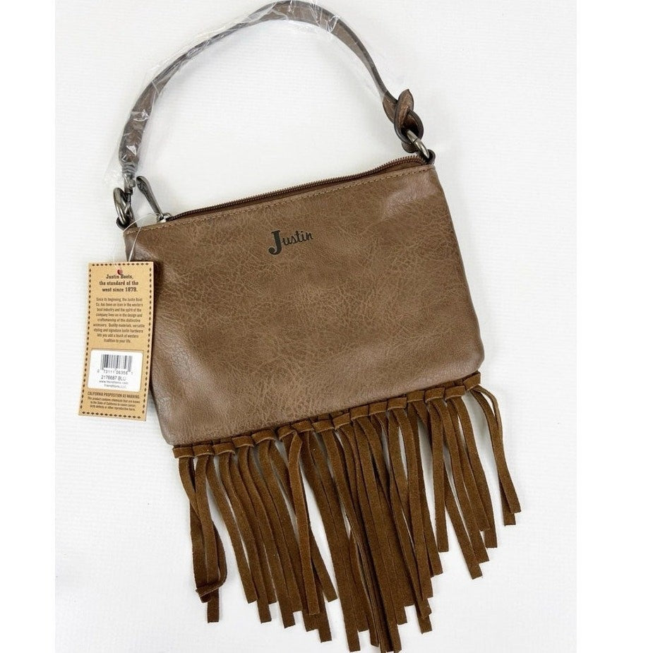 Justin Western Fringe Shoulder / WristletBag Blue Beige Leather + Free Earrings