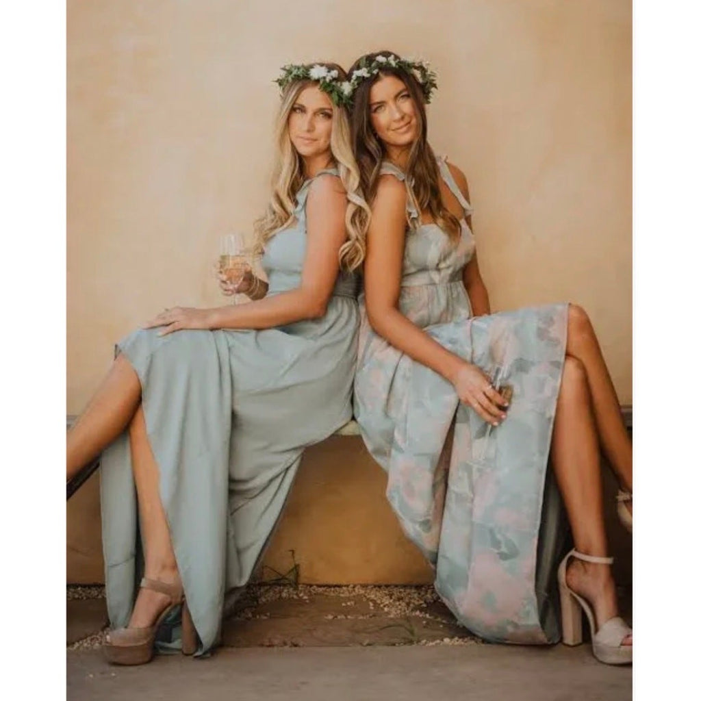 Show Me Your Mumu June Maxi Smocked V-Back Dress Silver Sage Crisp Size XXS NWT