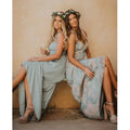 Show Me Your Mumu June Maxi Smocked V-Back Dress Silver Sage Crisp Size XXS NWT