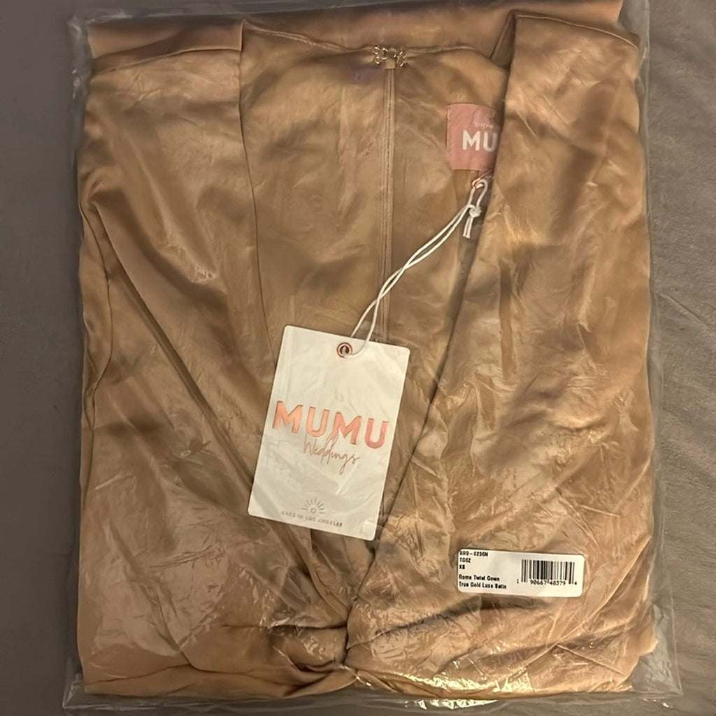 Show Me Your MuMu Rome Twist Empire Waist Gown True Gold Luxe Satin Size XS NEW