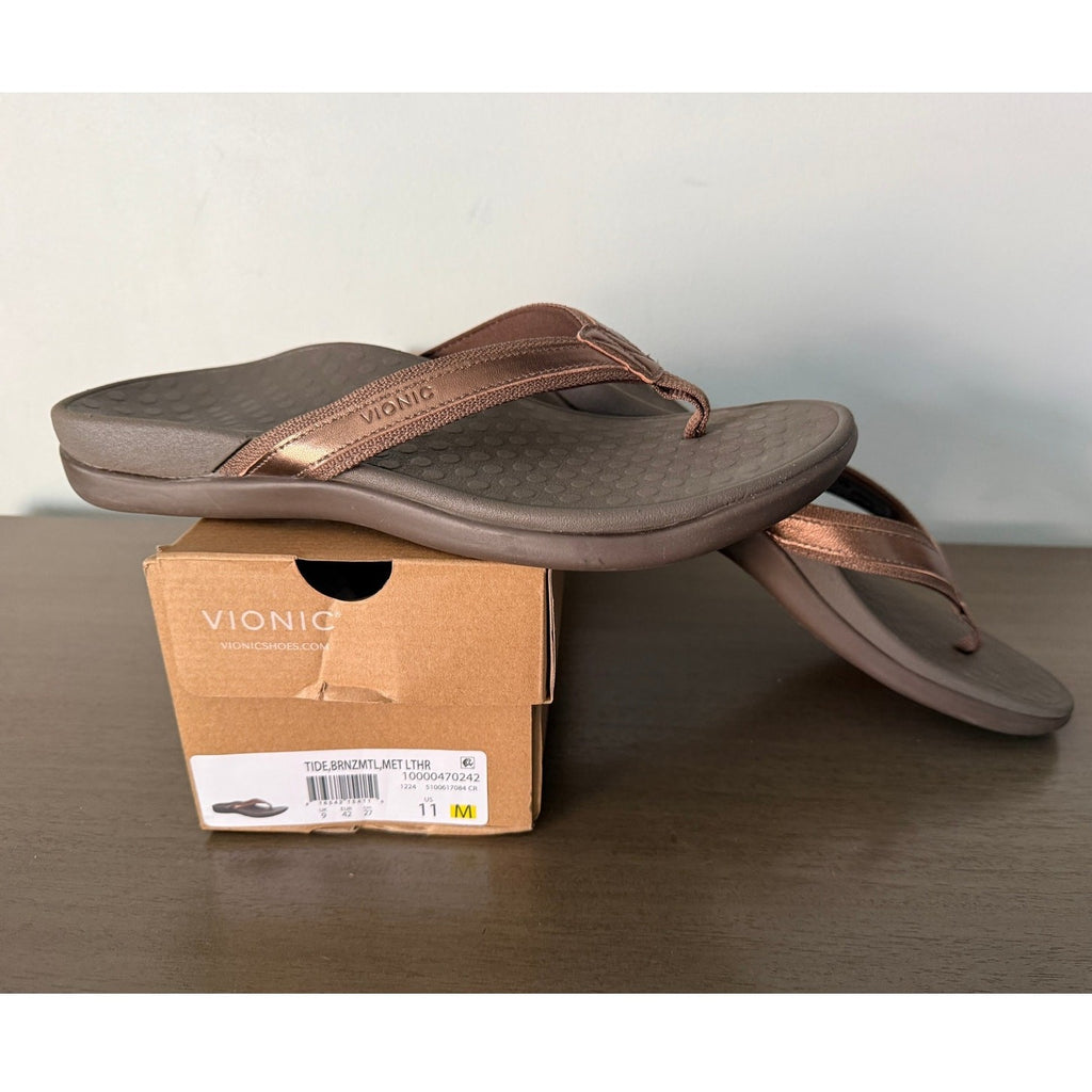 Vionic Tide Womens Flat Thong Sandals Bronze Metallic Leather Size 11 M NIB 