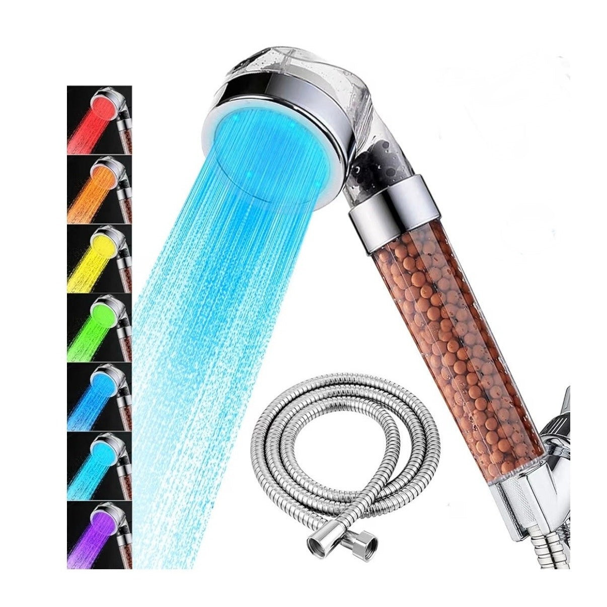 LED High Pressure Shower Head 7‑Color Changing | Filtration Beads | Handheld Kit