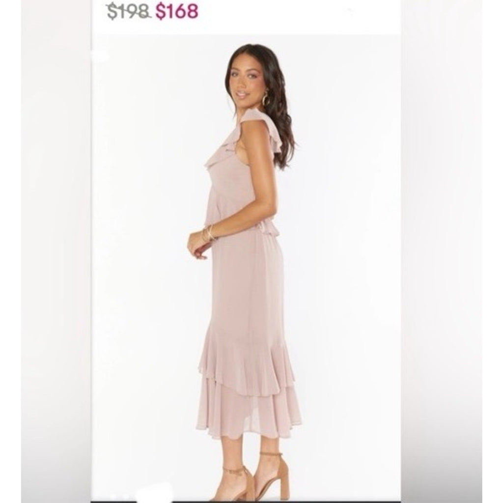 Show Me Your Mumu Reese Ruffle Midi Dress - Soft Beige Chiffon Dress Size M NWT