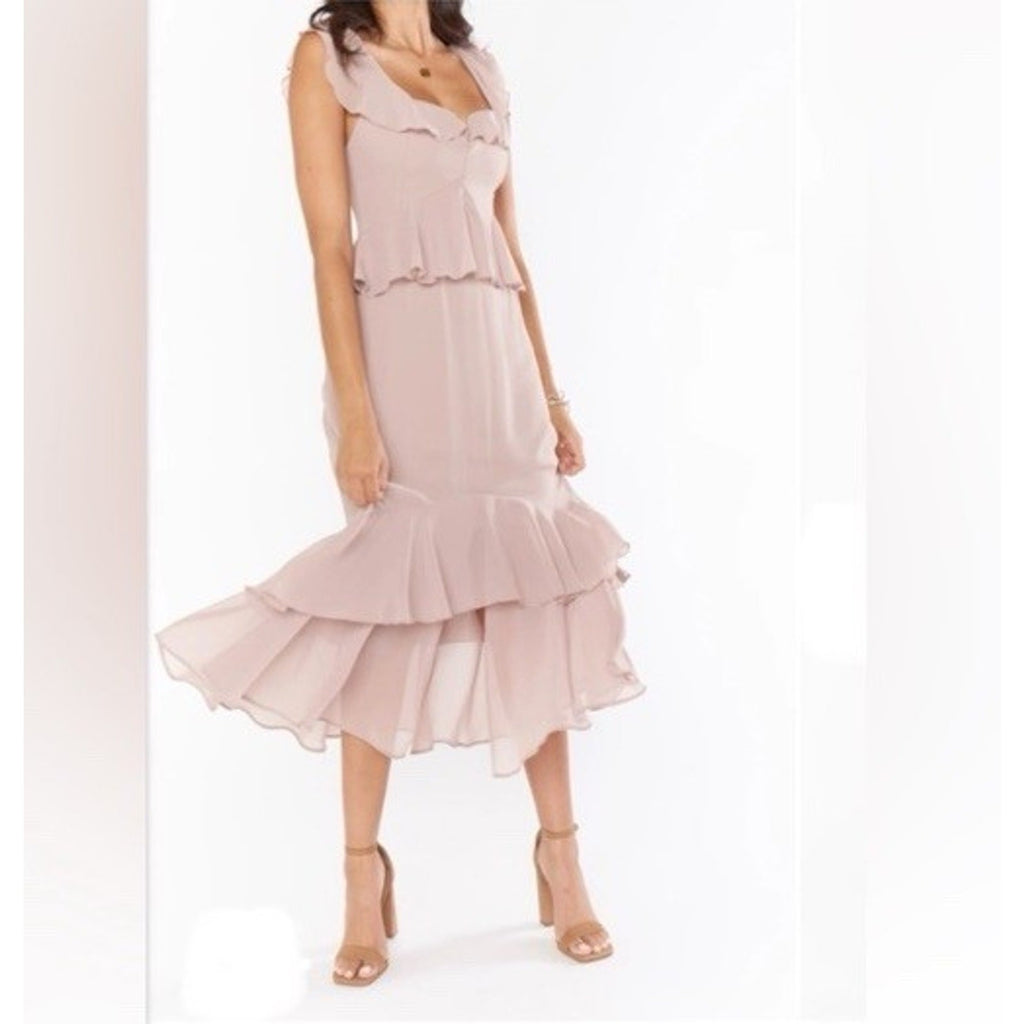Show Me Your Mumu Reese Ruffle Midi Dress - Soft Beige Chiffon Dress Size M NWT