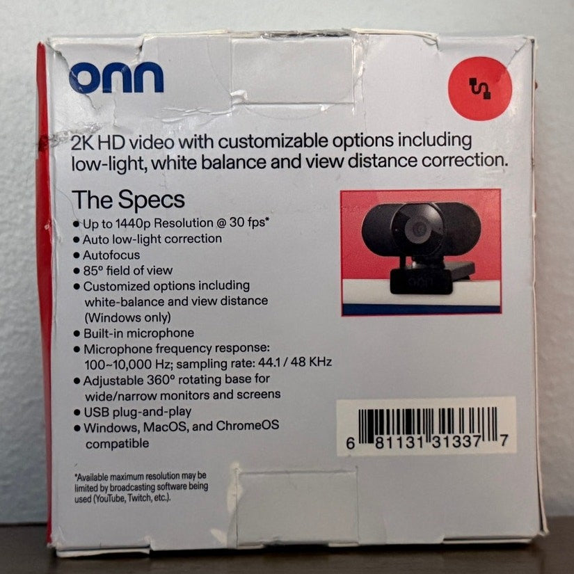 onn 1440P Webcam with Autofocus and Built-in Microphone, Adjustable, Black 