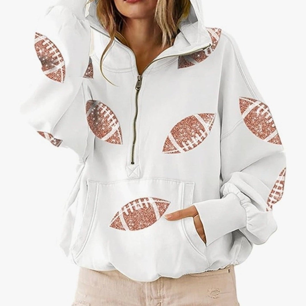 Superbowl Game Day Football Sequins 3/4 zip Hoodie Tailgate Games Partys Sz Med 