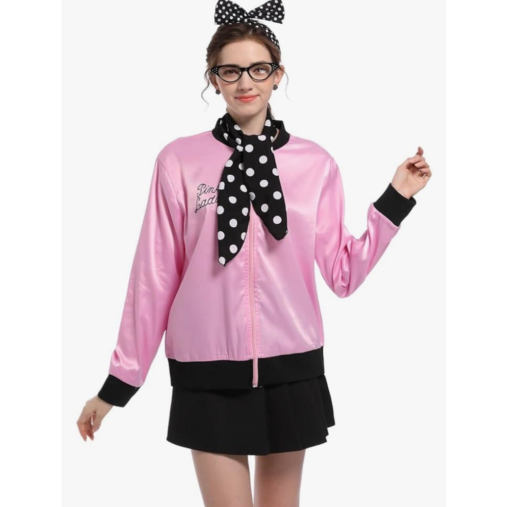 NEW Grease 1950s Pink Lady's Satin Jacket Halloween Costume 6 Piece Set Sz Small