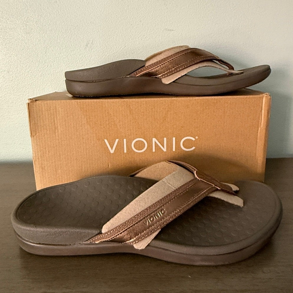 Vionic Tide Womens Flat Thong Sandals Bronze Metallic Leather Size 11 M NIB 