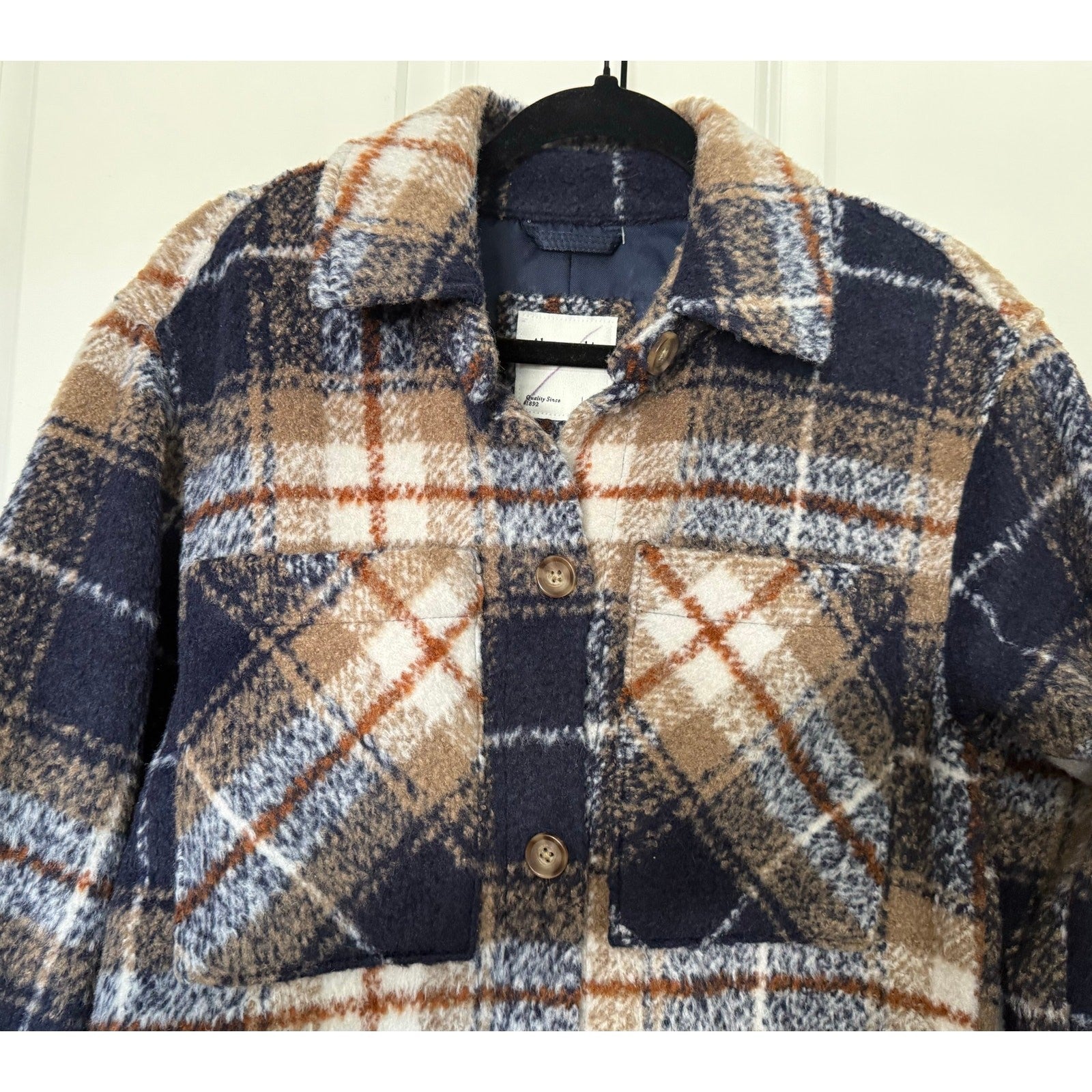 Abercrombie & Fitch XS Plaid Wool-Blend Jacket Blue Tan Checkered Shacket Lined