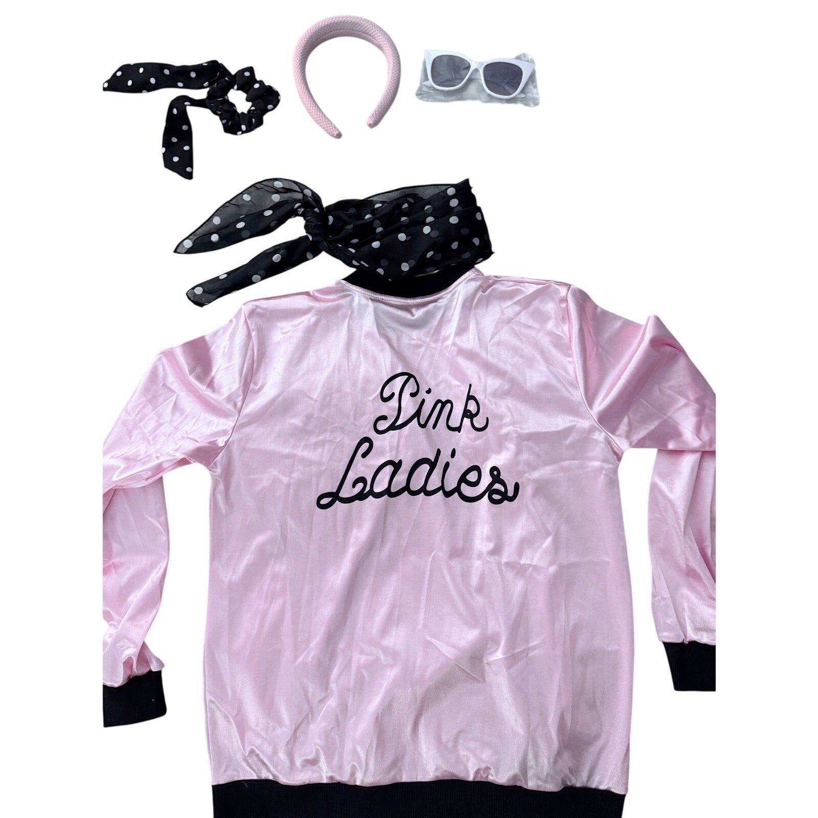 NEW Grease 1950s Pink Lady's Satin Jacket Halloween Costume 6 Piece Set Sz Small