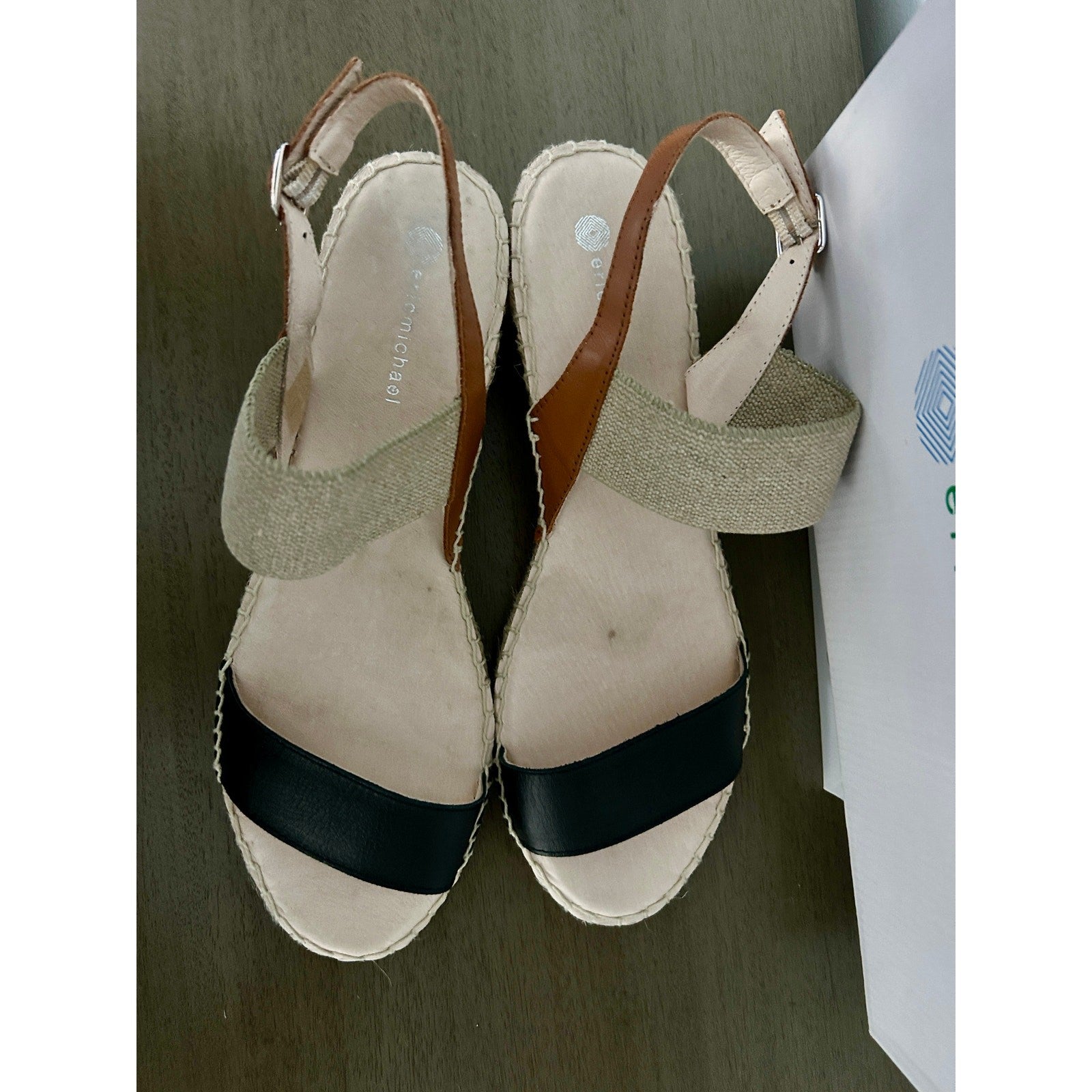 Eric Michael Lulu Two Tone Elastic Strap Sandals Black & Tan Women's Size 11 EUC