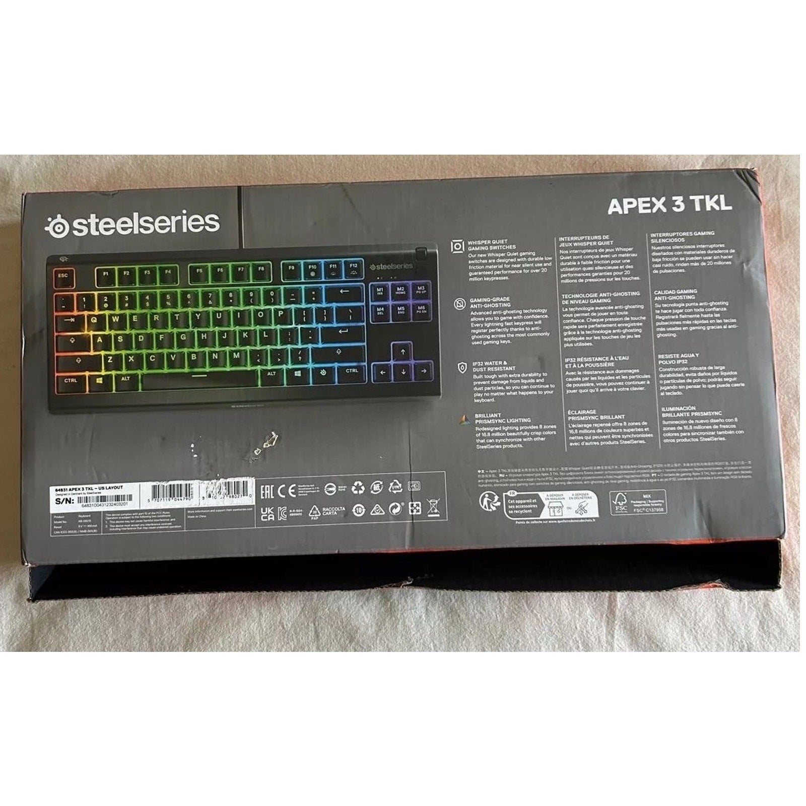 SteelSeries Apex 3 TKL Gaming Keyboard 8-Zone RGB Lighting Ten Keyless Black NEW