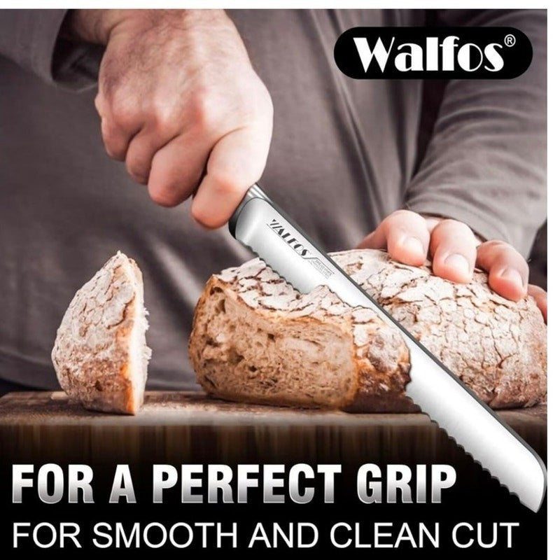 Walfos 8" Pro Premium Stainless Steel Ultra-Sharp Serrated Knife w/ Sheath NIB