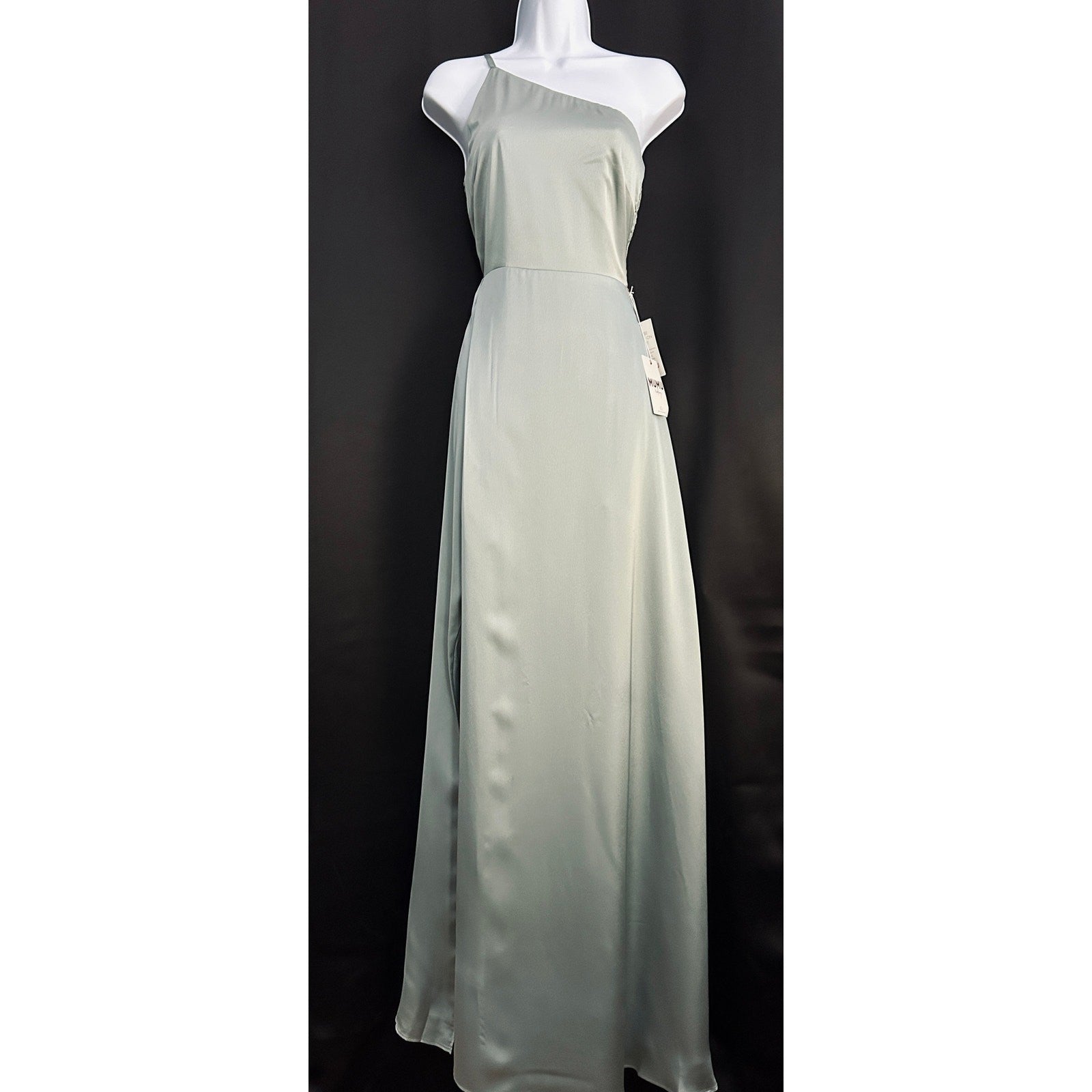 Show Me Your Mumu Shannon One Shoulder Luxe Satin Dress Silver Sage Sz Small NWT