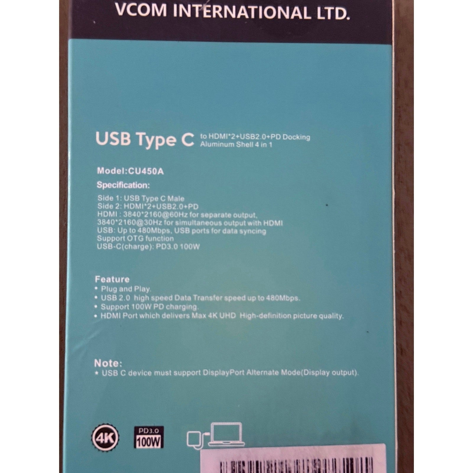 Portable VCOM USB C to Dual HDMI Adapter New