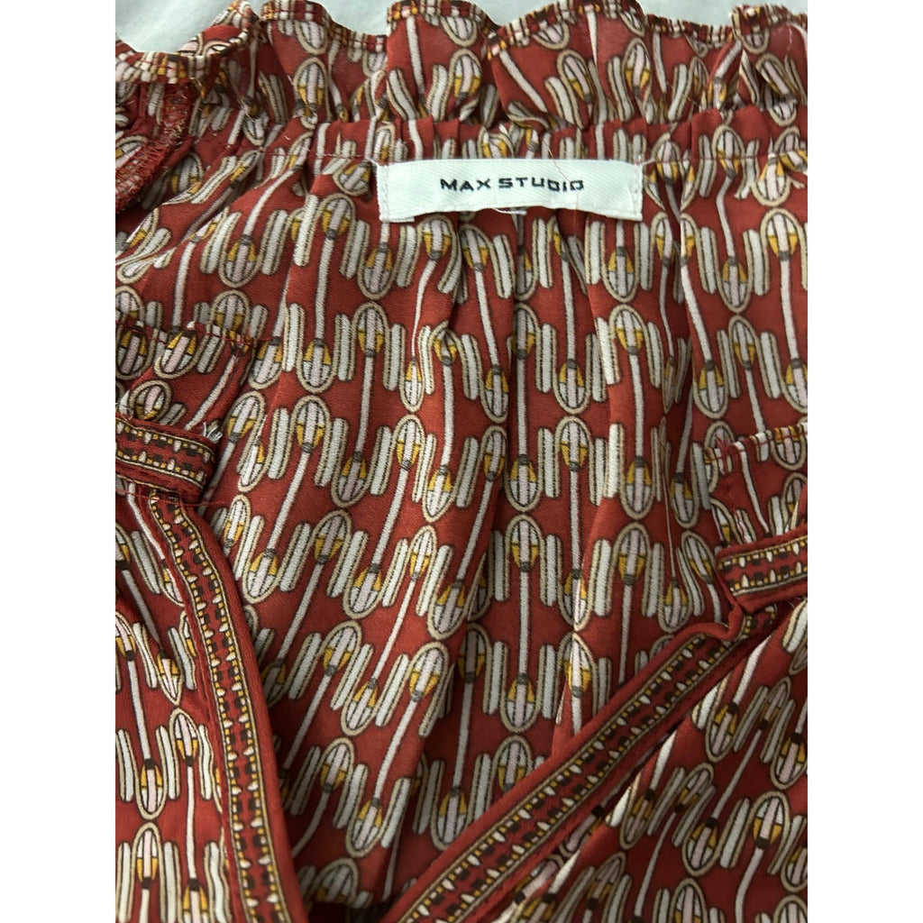 Max Studio Women’s M Short Sleeve Geometric Elastic Waist Top Red, Orange