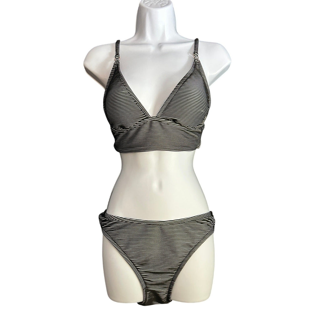 Shade & Shore Black White Textured Striped Bikini Set – M Top, L Bottom