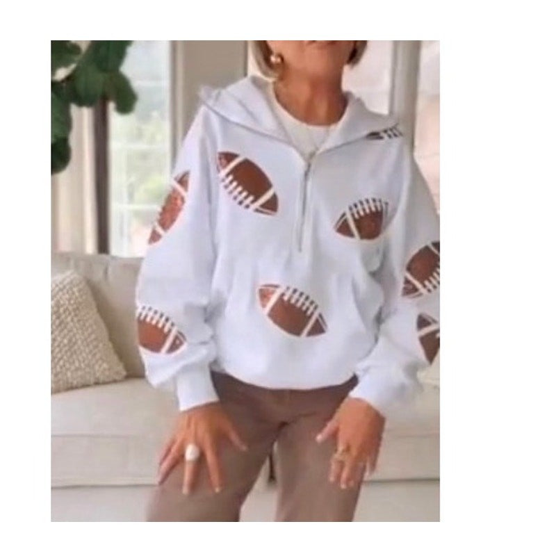 Superbowl Game Day Football Sequins 3/4 zip Hoodie Tailgate Games Partys Sz Med 