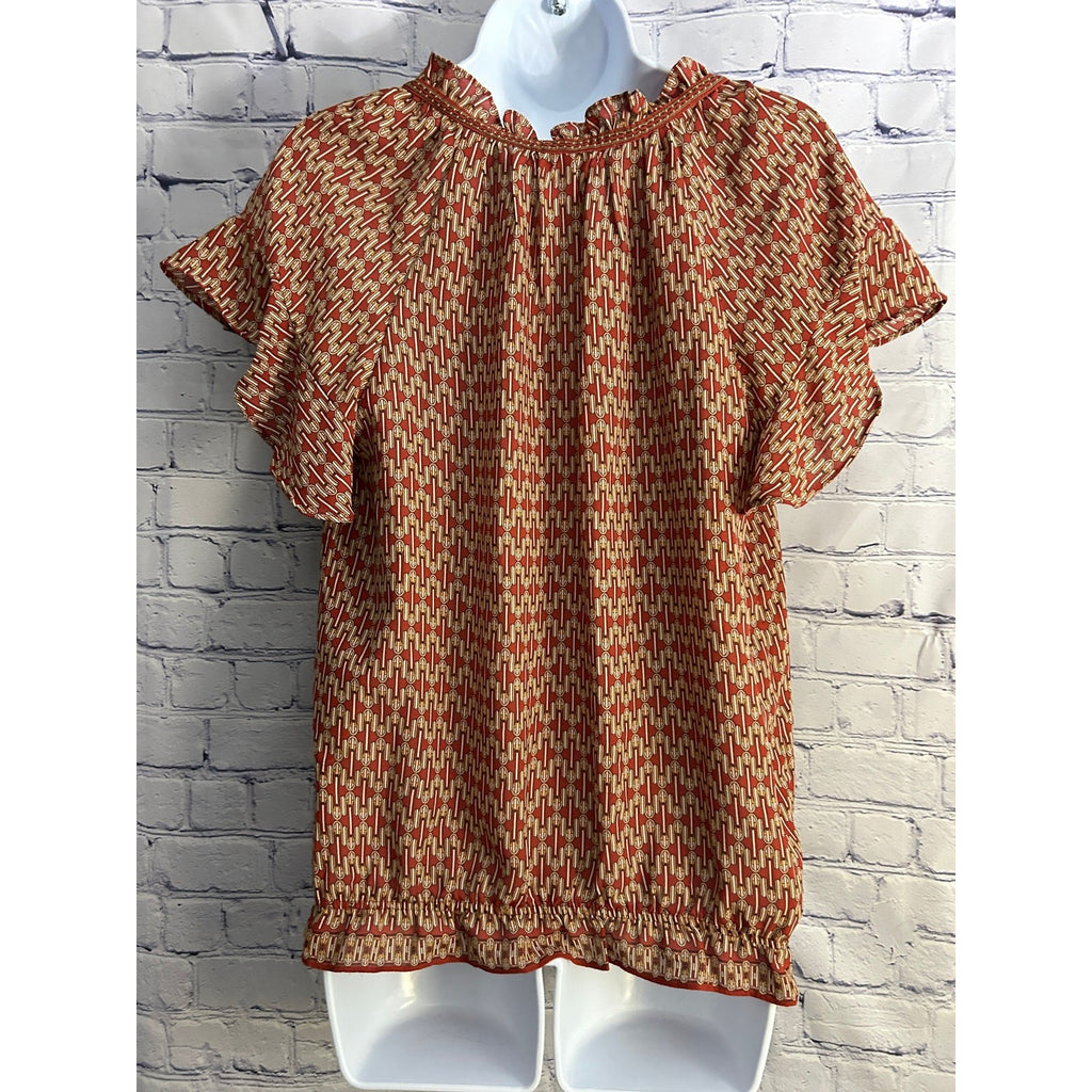Max Studio Women’s M Short Sleeve Geometric Elastic Waist Top Red, Orange