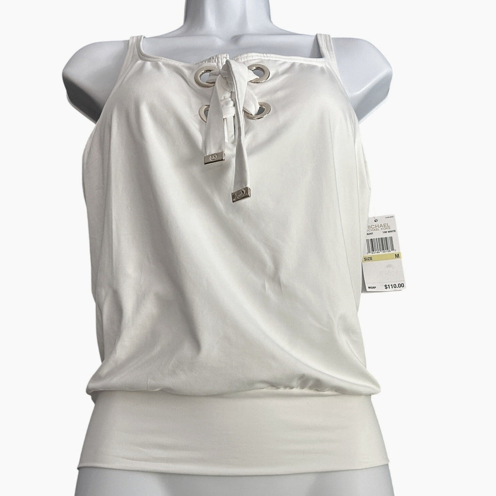 NEW Michael Kors Tankini Swim Top – Size M, White, Tie Front Gold Grommet Detail