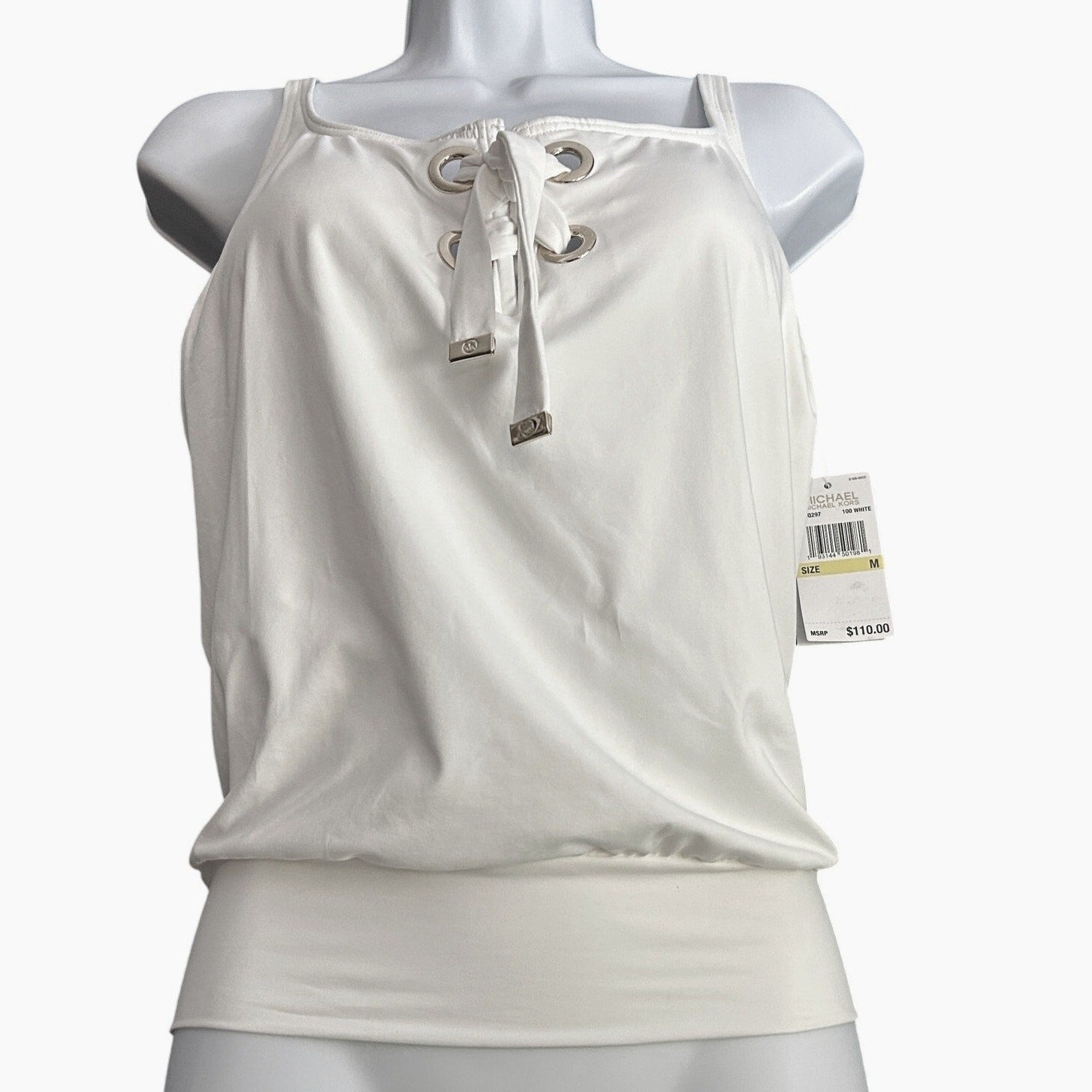 NEW Michael Kors Tankini Swim Top – Size M, White, Tie Front Gold Grommet Detail