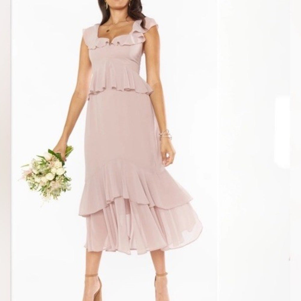 Show Me Your Mumu Reese Ruffle Midi Dress - Soft Beige Chiffon Dress Size M NWT
