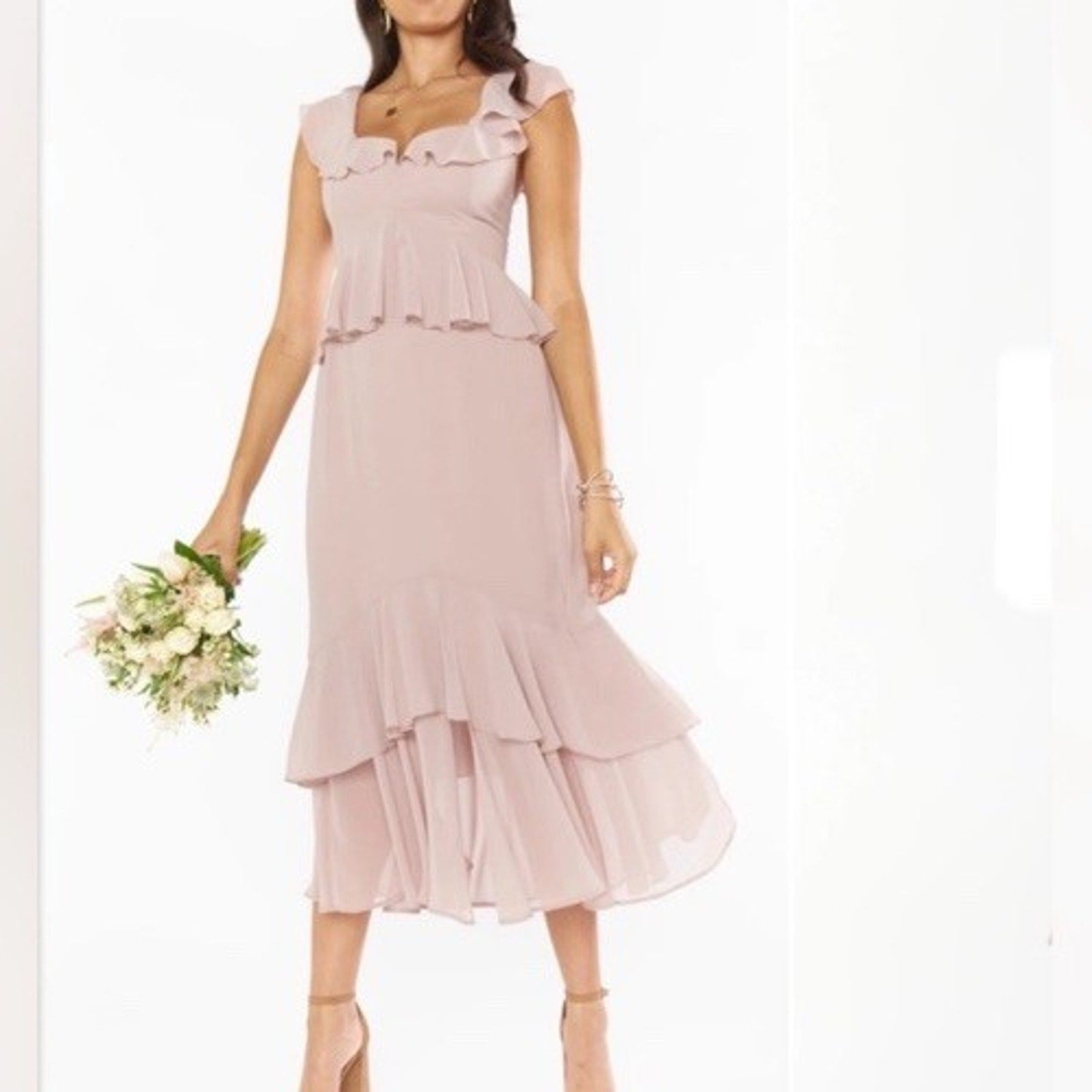 Show Me Your Mumu Reese Ruffle Midi Dress - Soft Beige Chiffon Dress Size M NWT