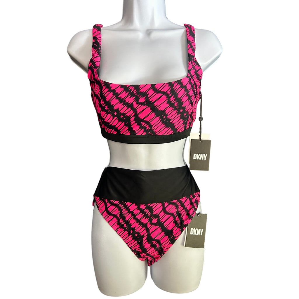 NWT DKNY Neon Pink Bikini – Square Neck & High Waist Bottom, Set Size M