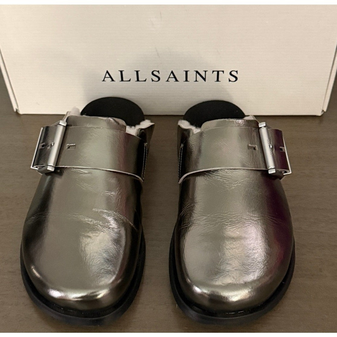 AllSaints Eris Mule Gun Metal Grey Lambskin Size 8 NIB Women’s Shoes Retail $349