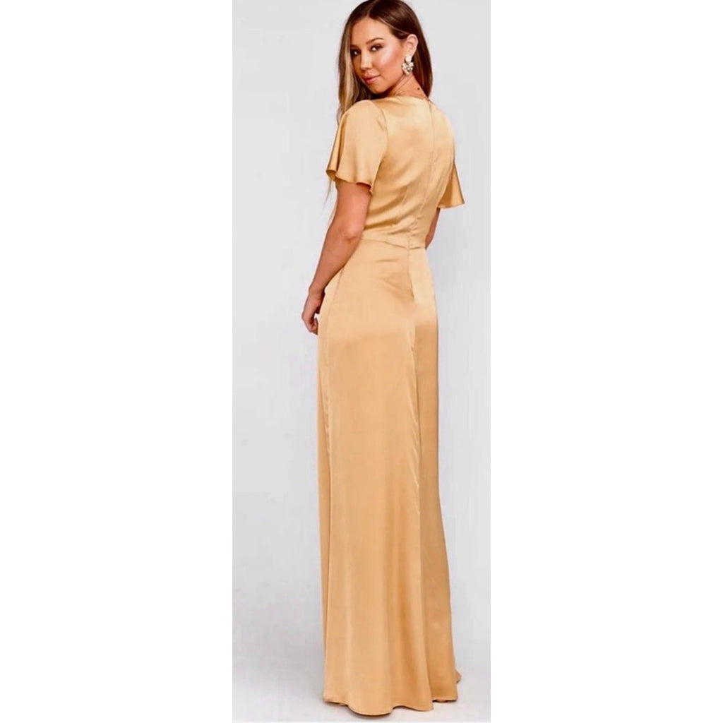 Show Me Your MuMu Rome Twist Empire Waist Gown True Gold Luxe Satin Size XS NEW