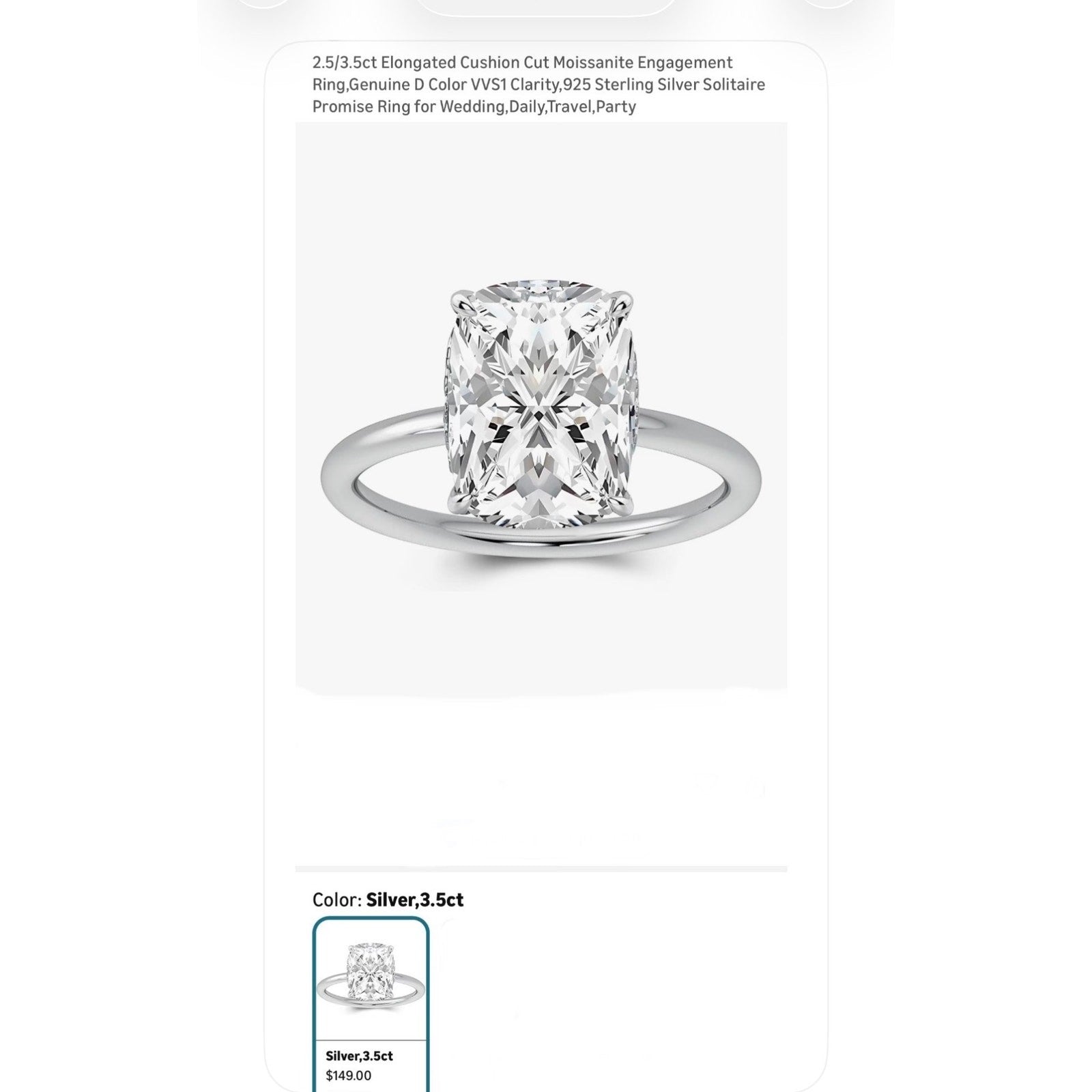 Paffidy 3.5ct D Color Moissanite Cushion Solitaire Ring Size 6 | S925 Silver NEW