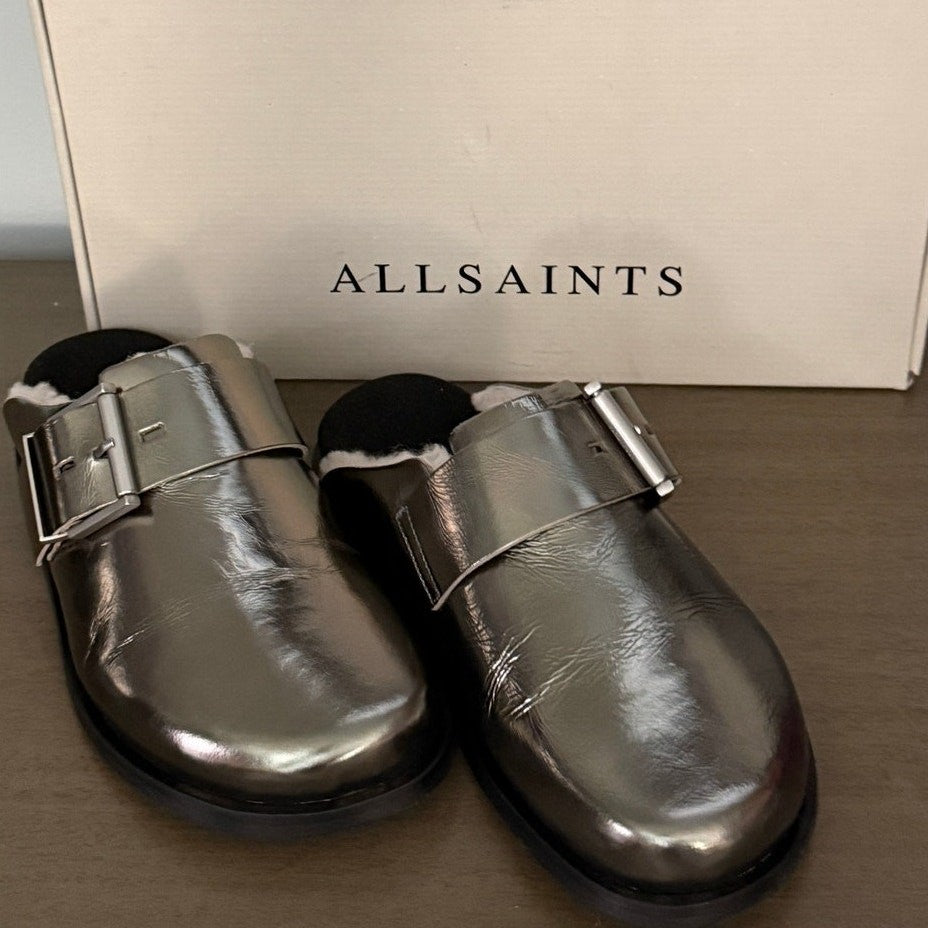 AllSaints Eris Mule Gun Metal Grey Lambskin Size 8 NIB Women’s Shoes Retail $349