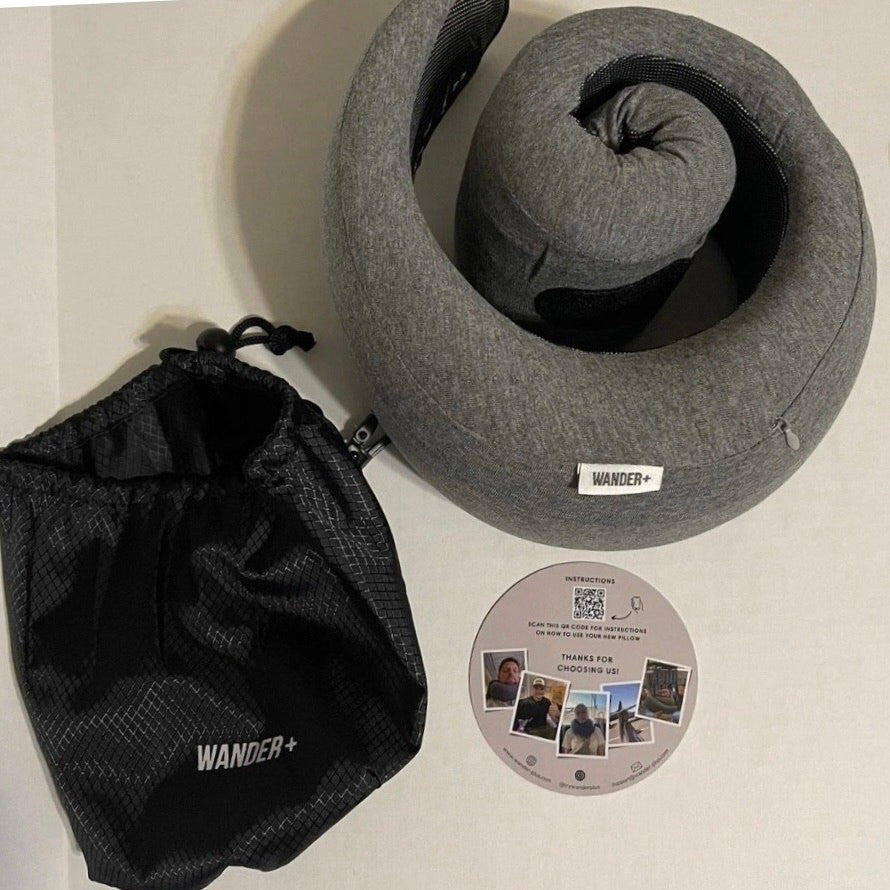 WANDER PLUS+ Travel Pillow – Memory Foam Neck Support Airplanes & Cars Gray New 