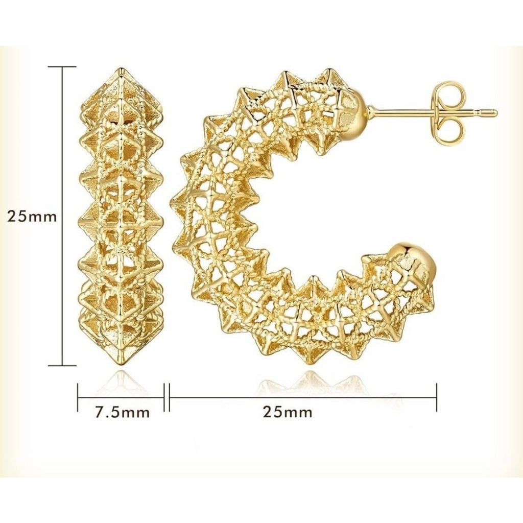 Al&Tiffy 14K Gold Plated Hollow Thick Hoop Stud Earring Geometric Lattice Design