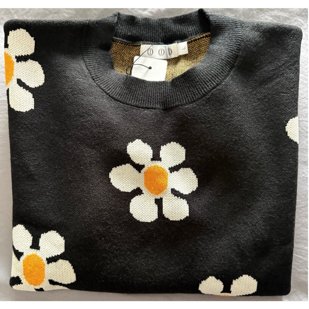 Black Floral Knit Sweater – Size Medium Long Sleeve Crochet Pullover New